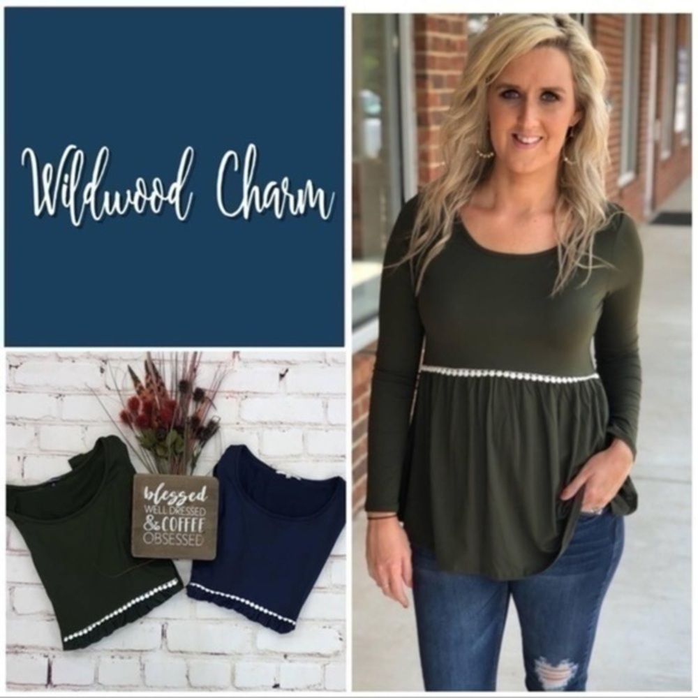 Andree By Unit Long Sleeve Olive Green White Babydoll Medium Top